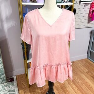 ✨NEW✨Satiny Pink V-Neck Ruffle Hem Blouse!